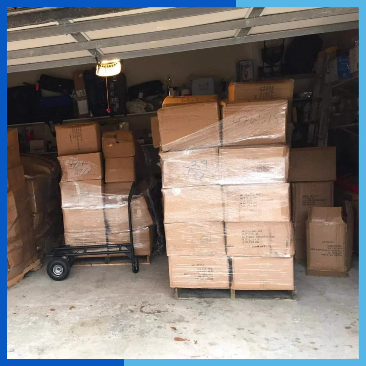 Boxes stacked for shipping inside a residential garage