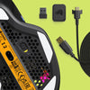 Glorious Model I 2 Wireless Gaming Mouse Dual Mode 2.4Ghz & Bluetooth 75g Superlight with 9 Buttons 2 Swappable and Side Thumb Rest 51 Bottom view of the Model I 2 Wireless in Black showing the sensor, feet, and placed next to the charging cable and wireless dongle