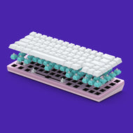 A Pink GMMK 2 65% Barebones with GPBT Arctic White Keycaps is shown in an exploded view, revealing Glorious Lynx switches beneath the keys. The background is a vibrant purple.