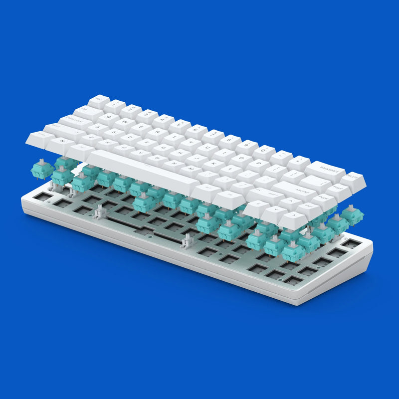 A White GMMK 2 65% Barebones with GPBT Arctic White Keycaps is shown in an exploded view, revealing Glorious Lynx switches beneath the keys. The background is a vibrant blue.