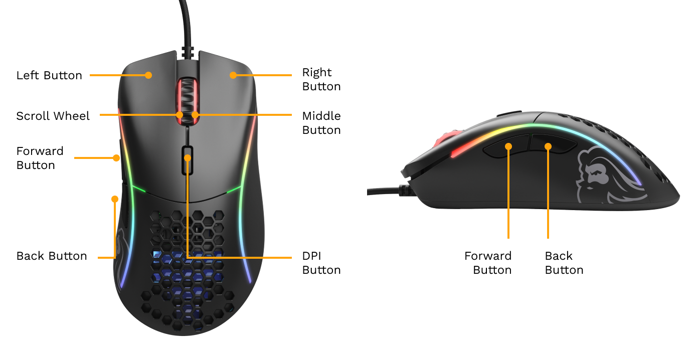 Model D Wired mouse top and left side views with buttons labelled