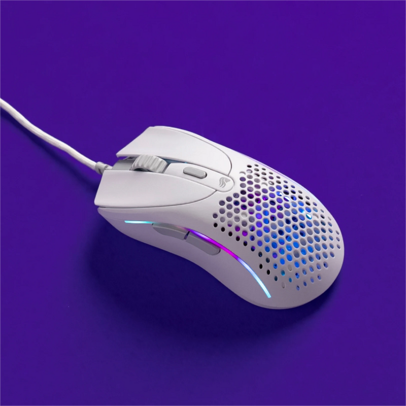 Top view of a Model D 2 Wired in White on a purple background