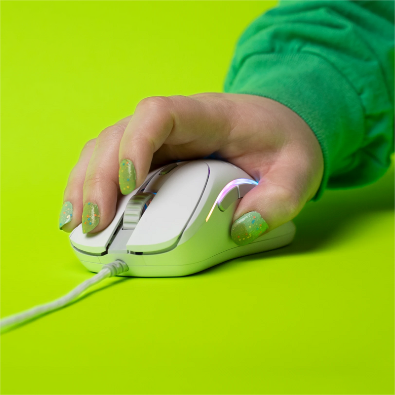Front view of a hand clicking a Model D 2 Wired in White on a green background