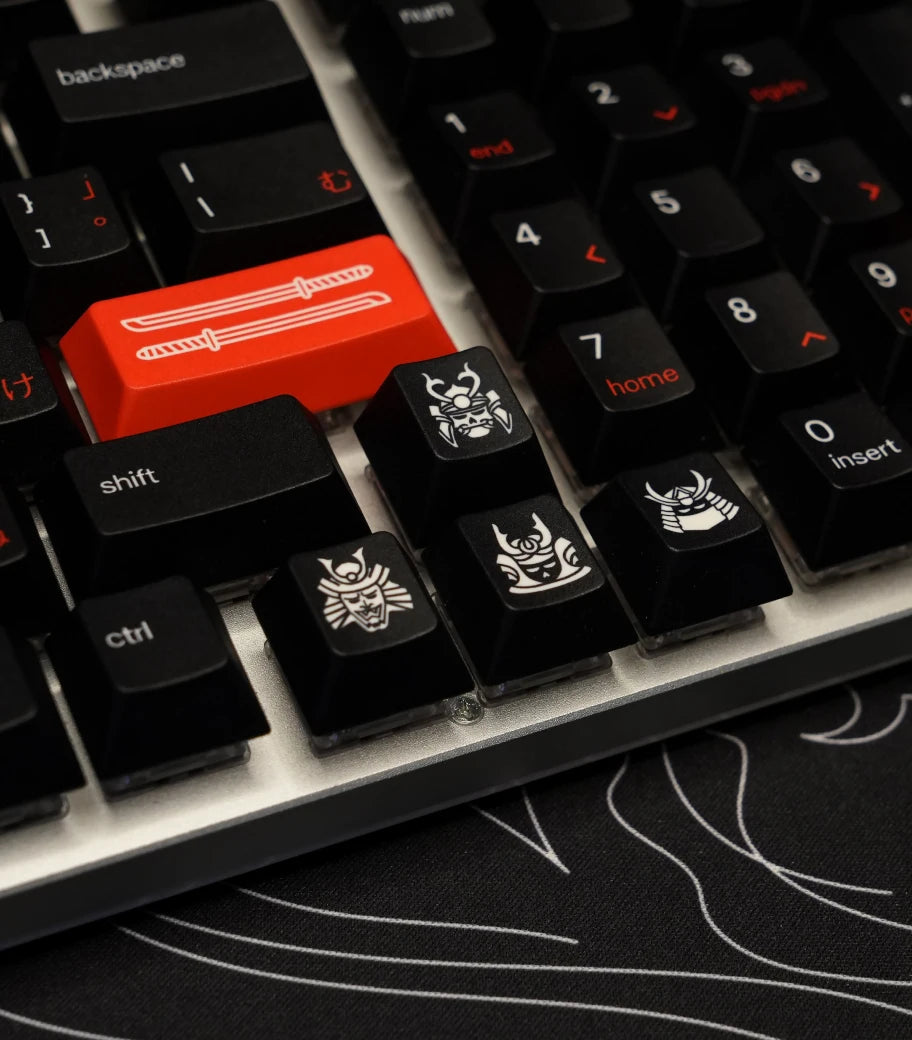 Close up view of novelty keys in GPBT Kabuto keycap set