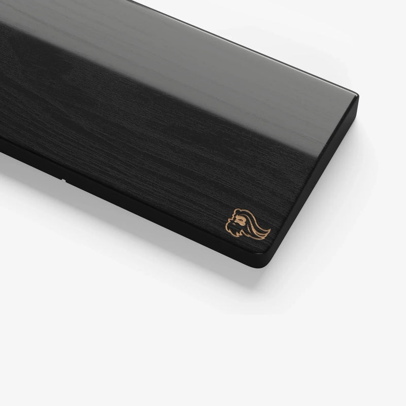 Close up of logo on Wooden Keyboard Wrist Rest in Onyx