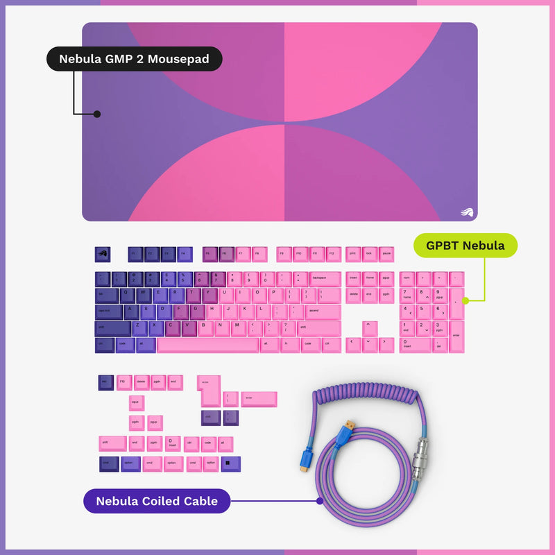 GMP 2 Nebula green mousepad and GPBT Keycaps in Nebula colorway with Nebula coiled cable
