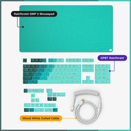 GMP 2 Rain Forest green mousepad and GPBT Keycaps in Rain Forest colorway with Ghost White coiled cable
