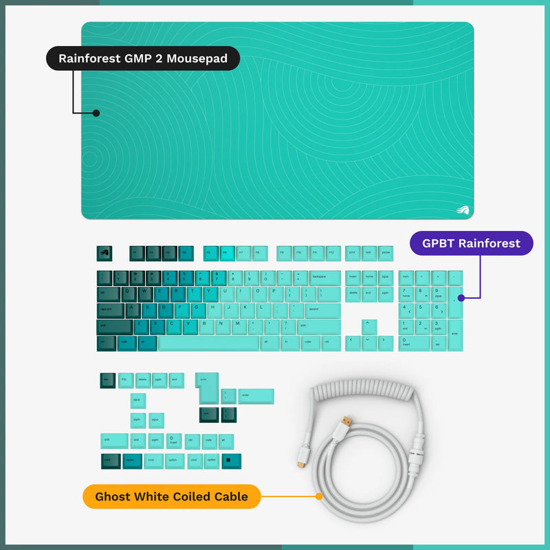 GMP 2 Rain Forest green mousepad and GPBT Keycaps in Rain Forest colorway with Ghost White coiled cable