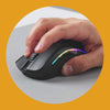 Model D 2 Wireless in Black with hand clicking the buttons inside an orange frame